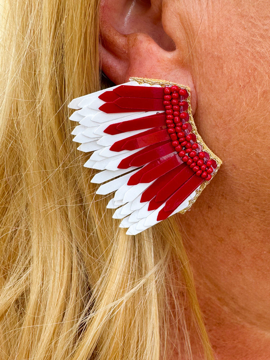 Garnet and white feather-inspired earrings with layered plastic design and beaded side detailing—lightweight and perfect for Gameday.