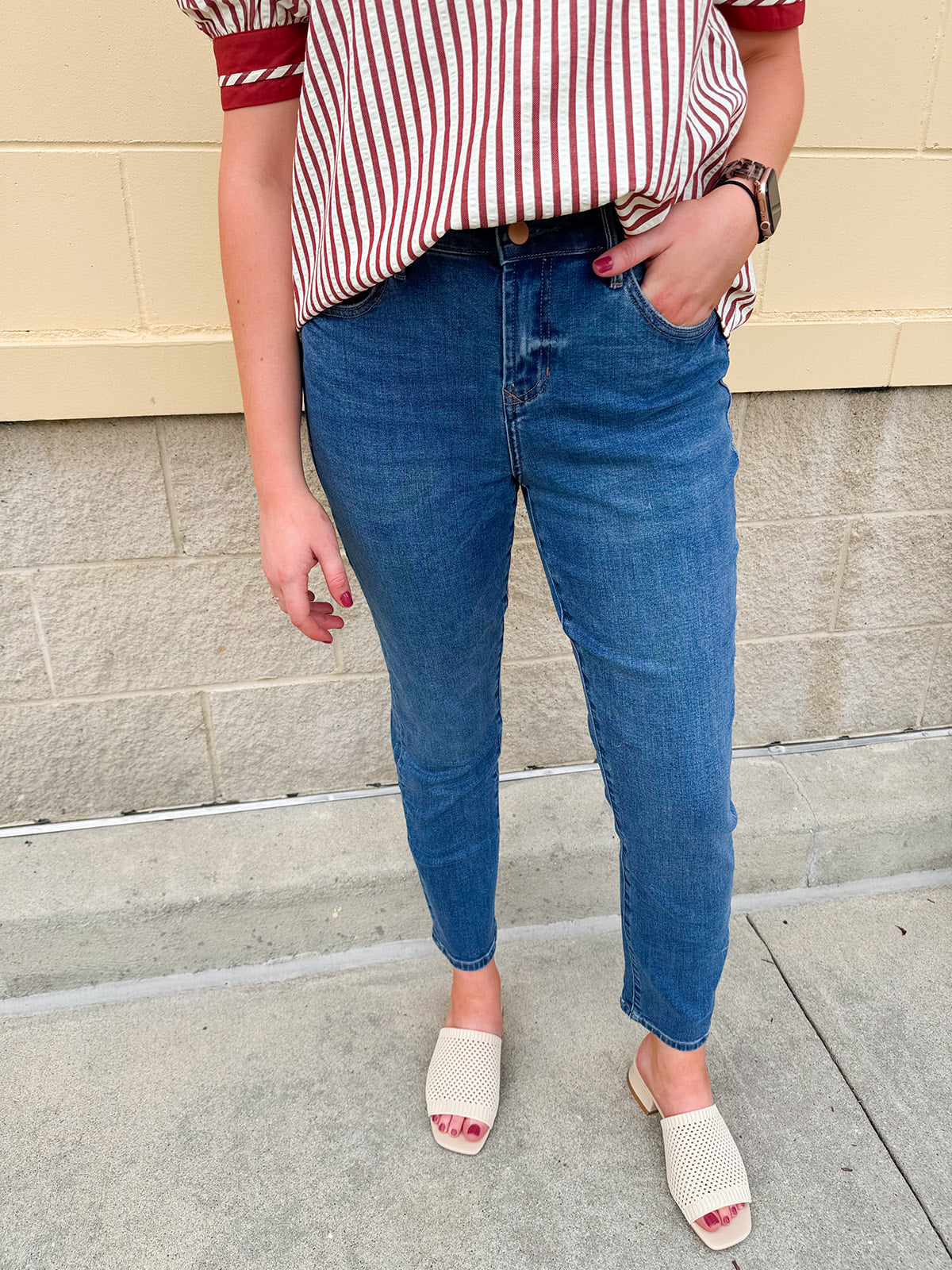 Mid-rise ankle slim straight jeans in a medium wash with clean hem—classic, flattering fit perfect for everyday wear