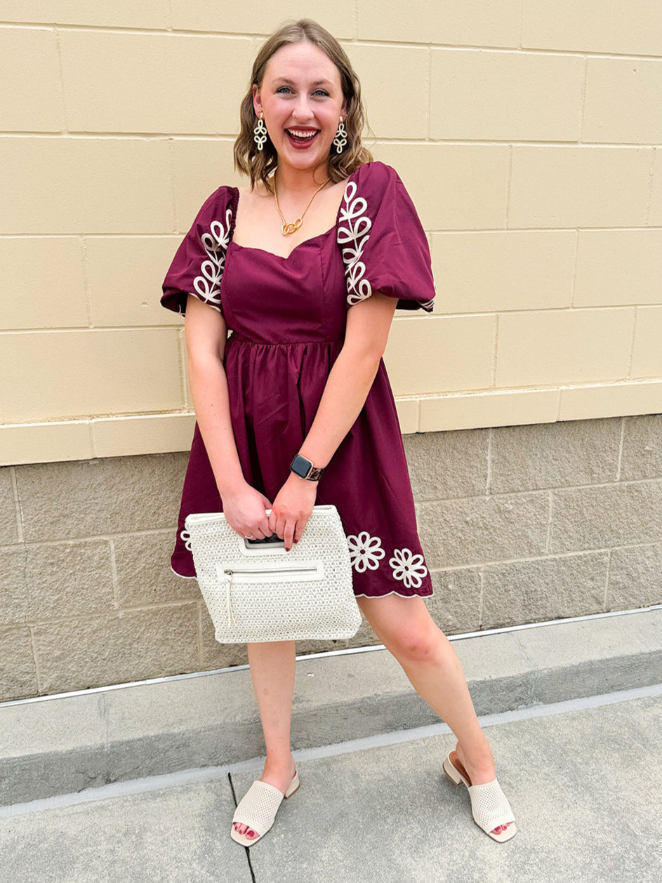 Garnet embroidered mini dress with puff sleeves, square neck, floral detailing, and scalloped hem—perfect for FSU gameday