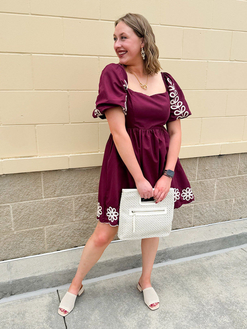 Garnet embroidered mini dress with puff sleeves, square neck, floral detailing, and scalloped hem—perfect for FSU gameday