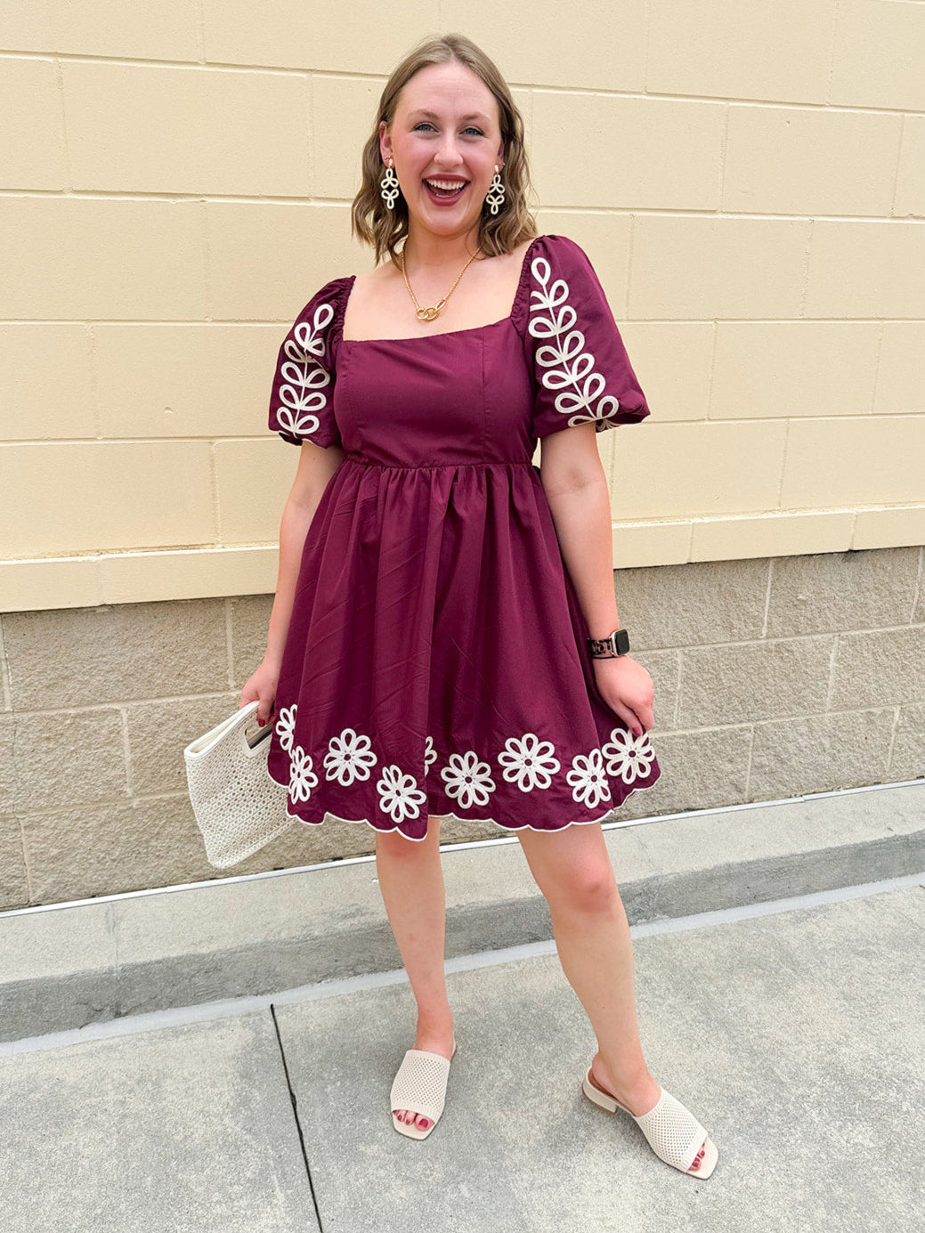 Garnet embroidered mini dress with puff sleeves, square neck, floral detailing, and scalloped hem—perfect for FSU gameday