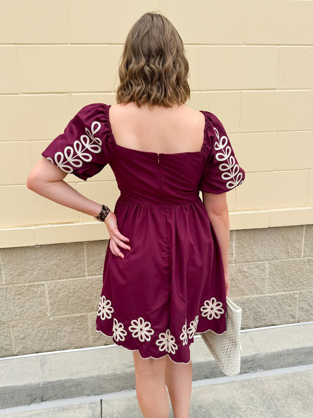 Garnet embroidered mini dress with puff sleeves, square neck, floral detailing, and scalloped hem—perfect for FSU gameday