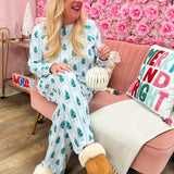 Blue and white ginger jar patterned pajama set with long-sleeve top and drawstring pants.