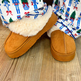 Camel faux suede platform slippers with sherpa lining and faux fur trim.