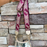 Garnet ikat patterned adjustable purse strap with FSU and Go Noles lettering, designed for clear and everyday bags.