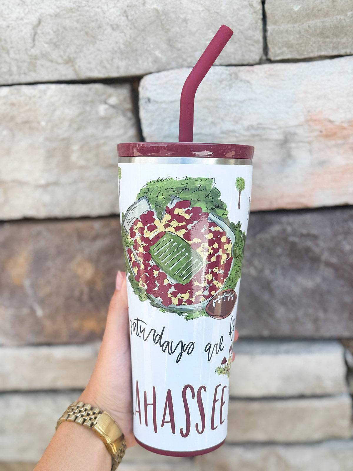 Swig brand 32oz insulated straw tumbler featuring custom Tallahassee game day illustrations, with lid and straw