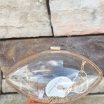 Clear Football shaped Stadium Purse with gold chain.