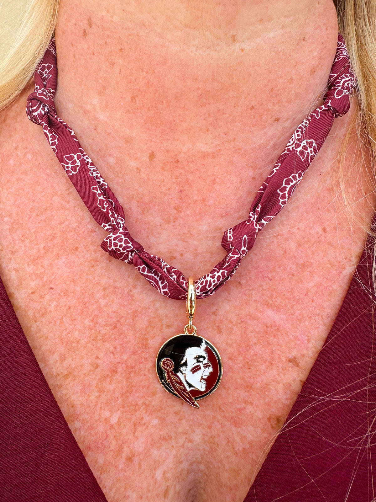 FSU bandana scarf necklace in garnet and gold with gold logo charm