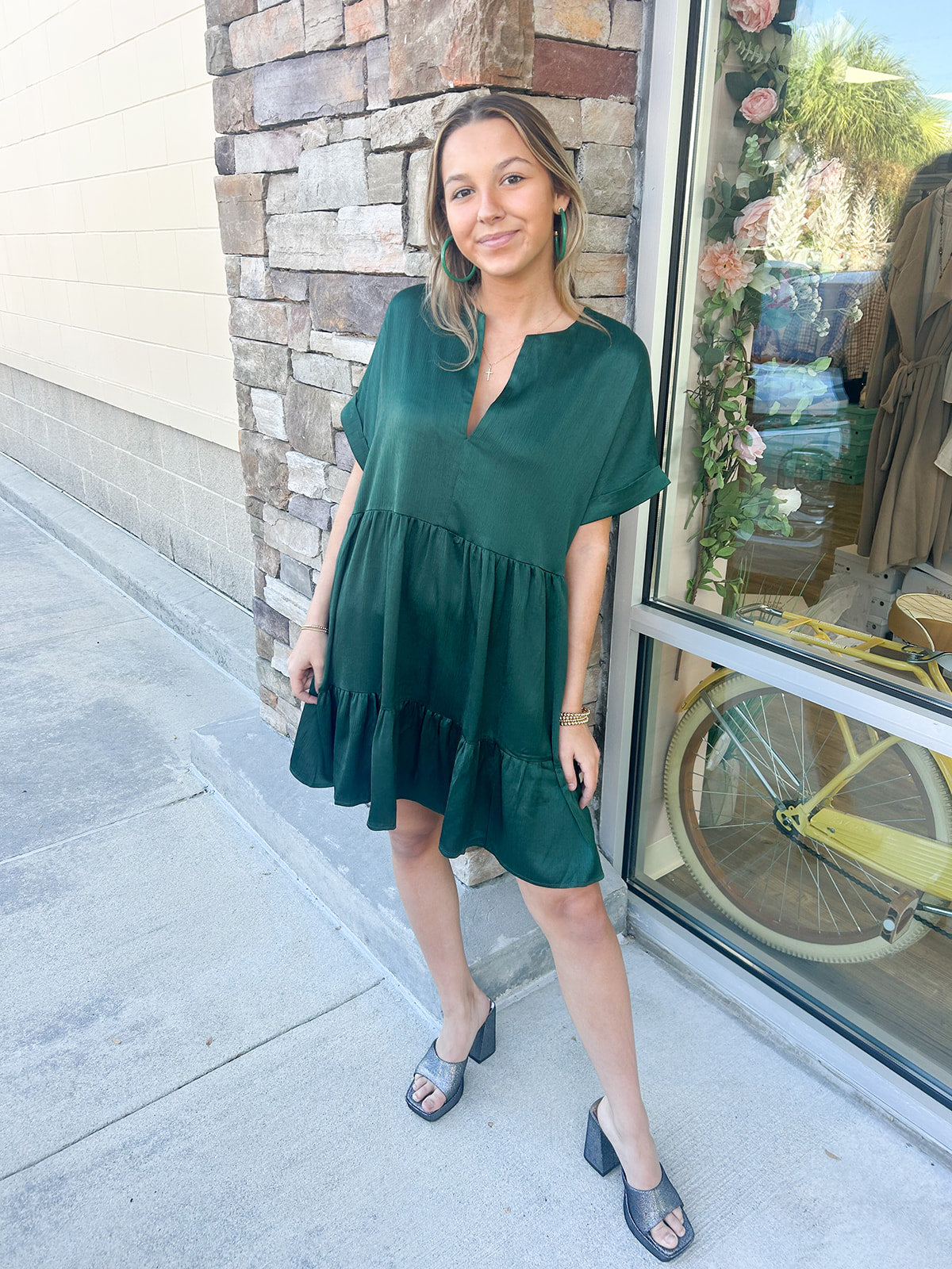 Special Treat V-Neck Dress-Green | Front View