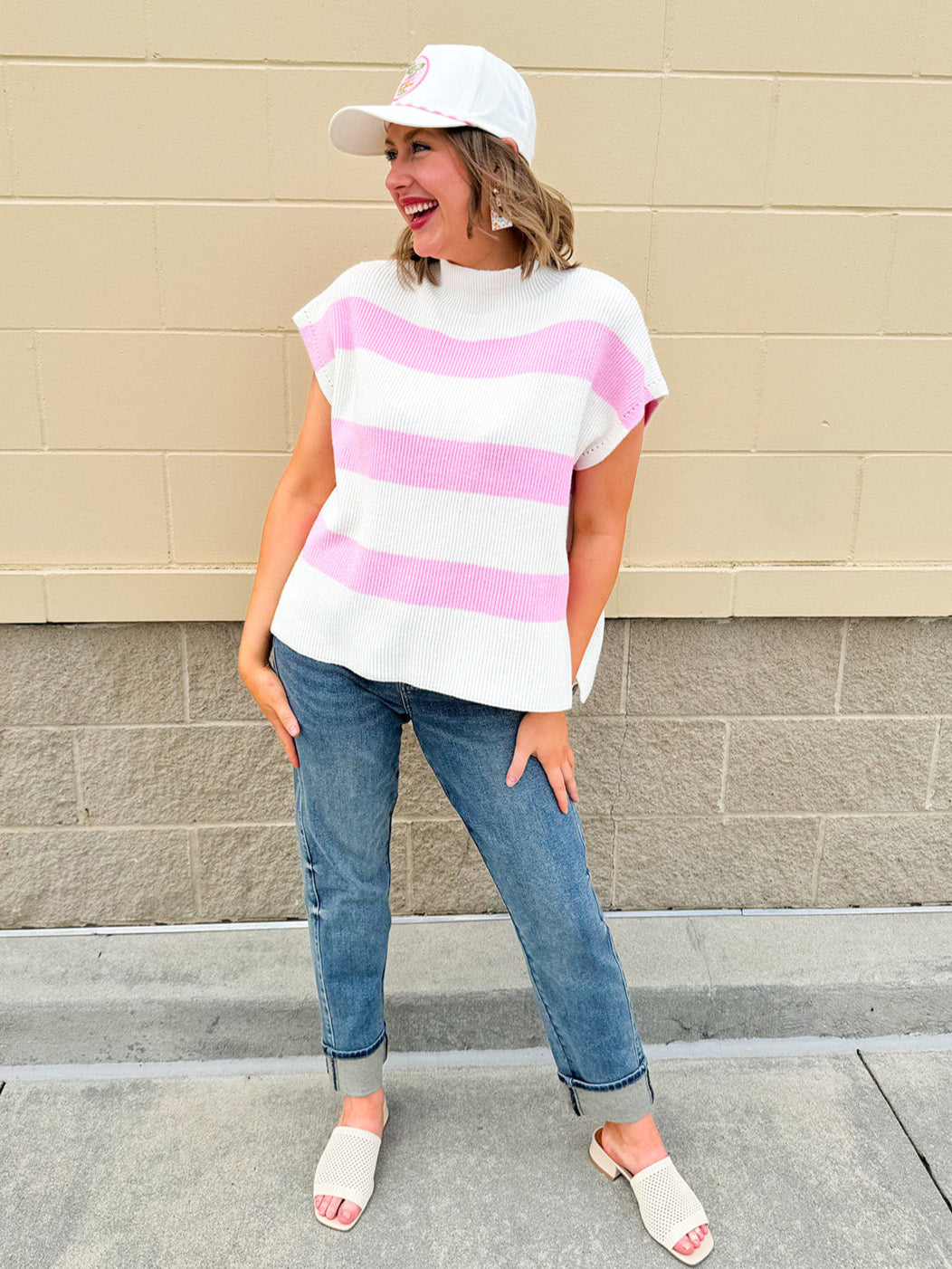 Jet Set Color Blocked Stripe Knit Top featuring pink and off-white stripes, U-neckline, and slay sleeves in a lightweight knit.