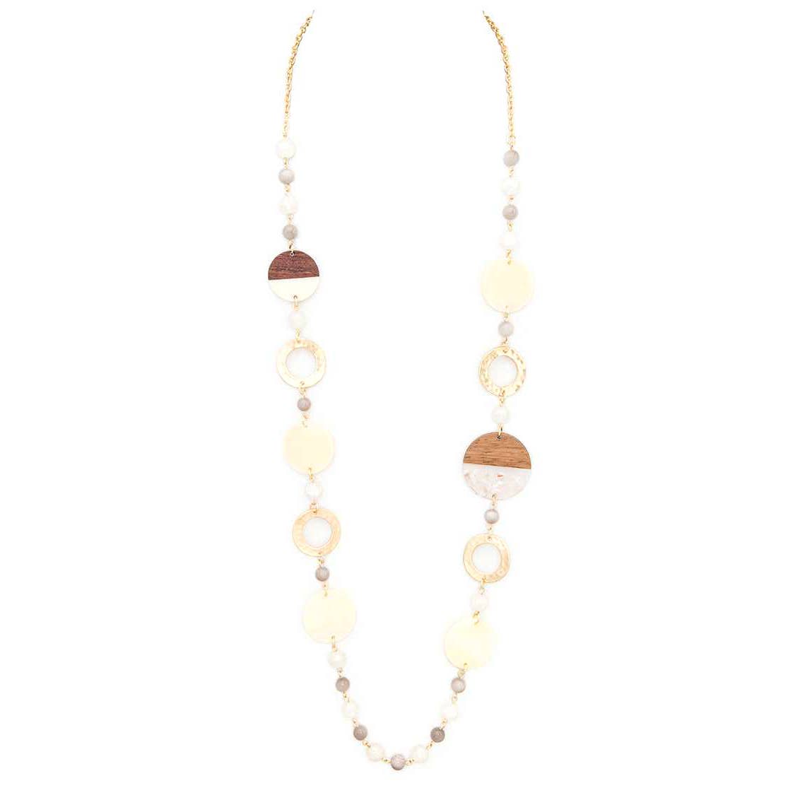 Joyce Modern Circle Long Necklace in Oatmeal with neutral-toned stones and circular accents on a delicate beaded chain.