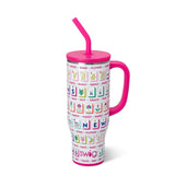 White glitter insulated 30oz mug with colorful mahjong tile print, comfort handle, and straw—durable, stylish, and game-night ready
