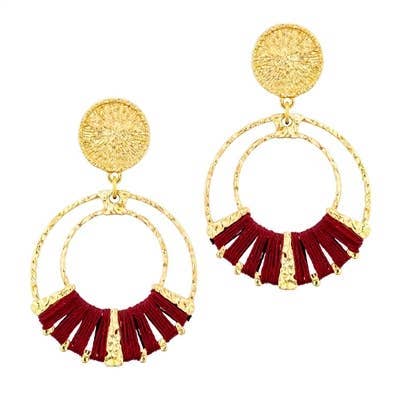Gold double hoop earrings with garnet-threaded accents and gold stud top, perfect for adding subtle color and elegance.