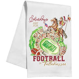 Cotton kitchen towel featuring Renegade, Osceola, and Doak Campbell Stadium-inspired artwork with garnet and gold detailing.