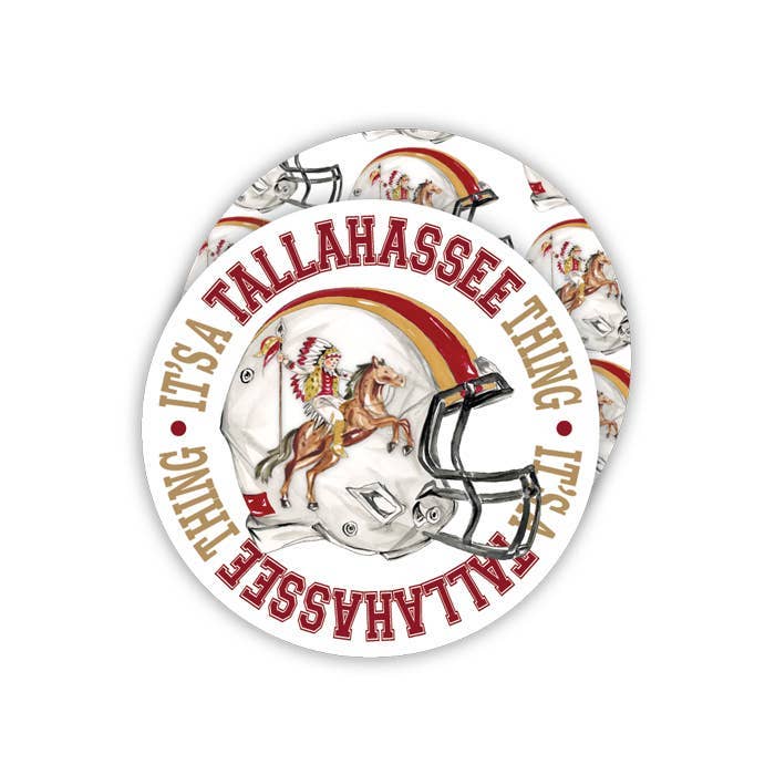 Round coasters with Renegade and Osceola on a football helmet framed by “It’s a Tallahassee Thing,” with garnet-and-gold pattern on the reverse.