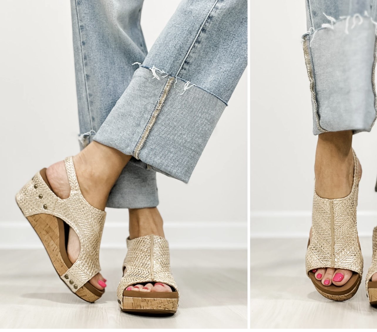 Light gold raffia cork wedges with gold rivets, Velcro heel strap, and a cushioned footbed