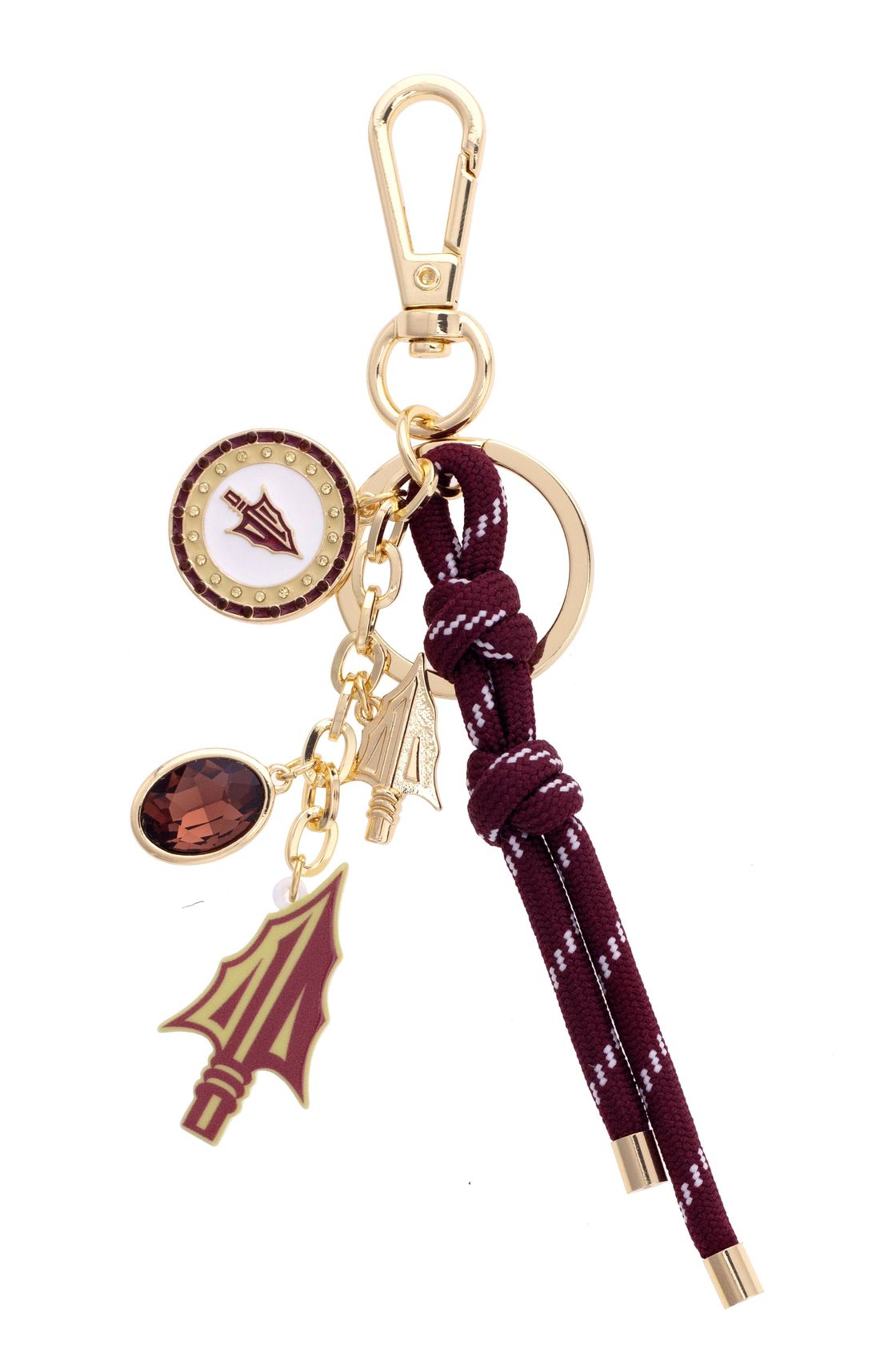 Gold and enamel FSU bag charm with logo, pearl, and garnet accents