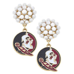 FSU drop earrings with pearl cluster and garnet and gold enamel logo charm