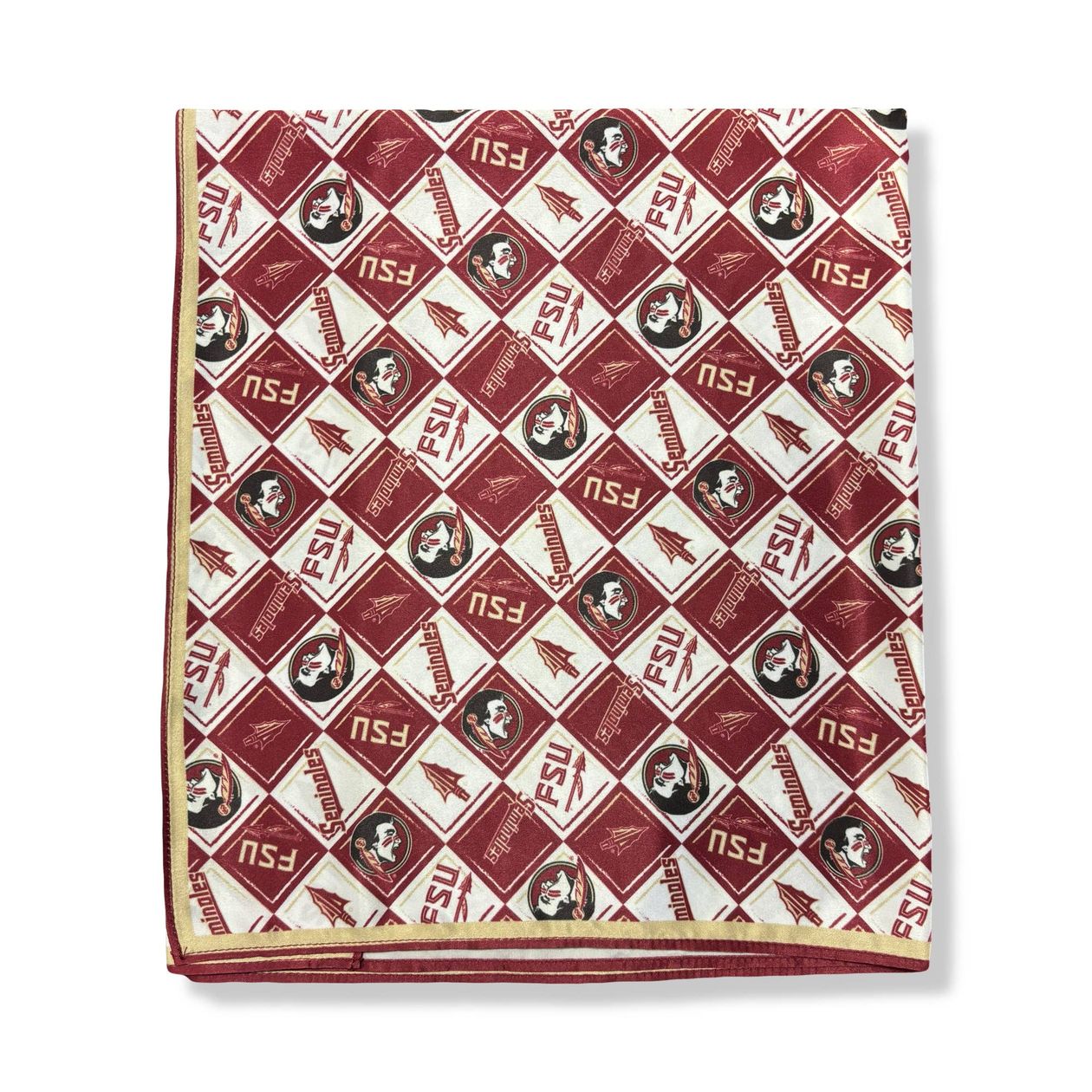 Florida State checkerboard hair square featuring Seminole head, spear, and FSU, styled on hair and bags