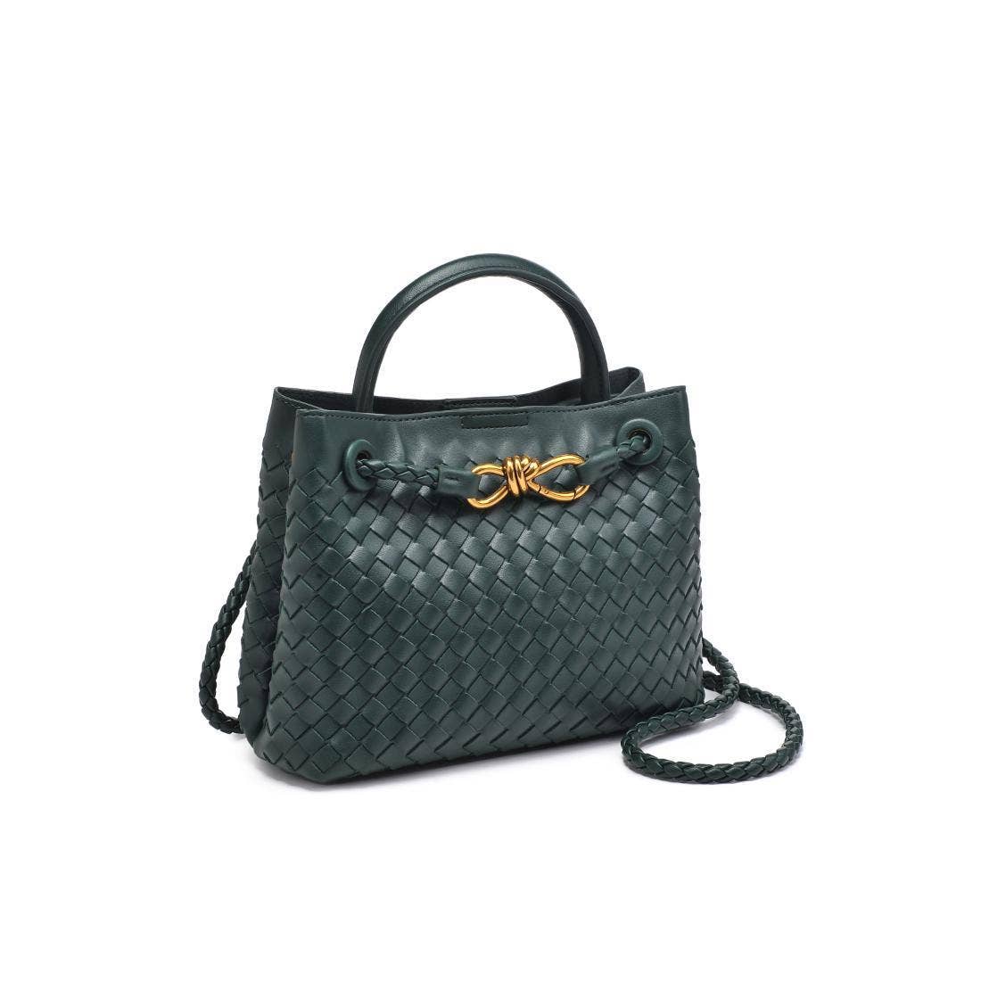 Forest green woven crossbody bag with gold hardware