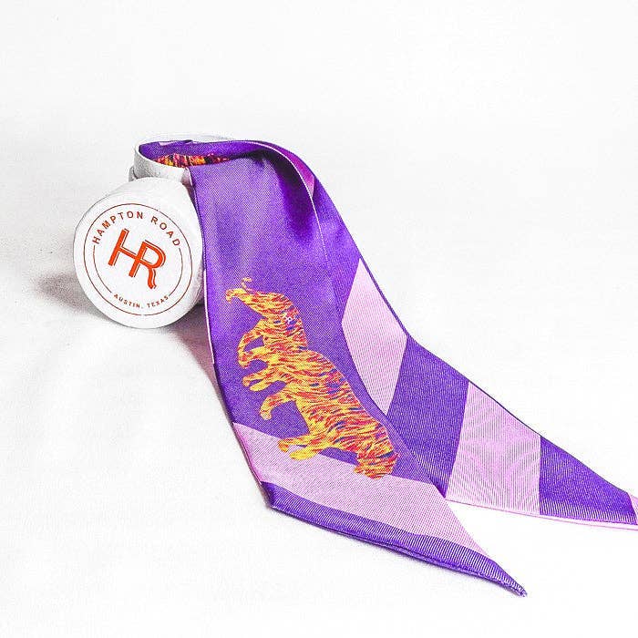 Purple silk twilly scarf with tiger print and contrasting lavender backing