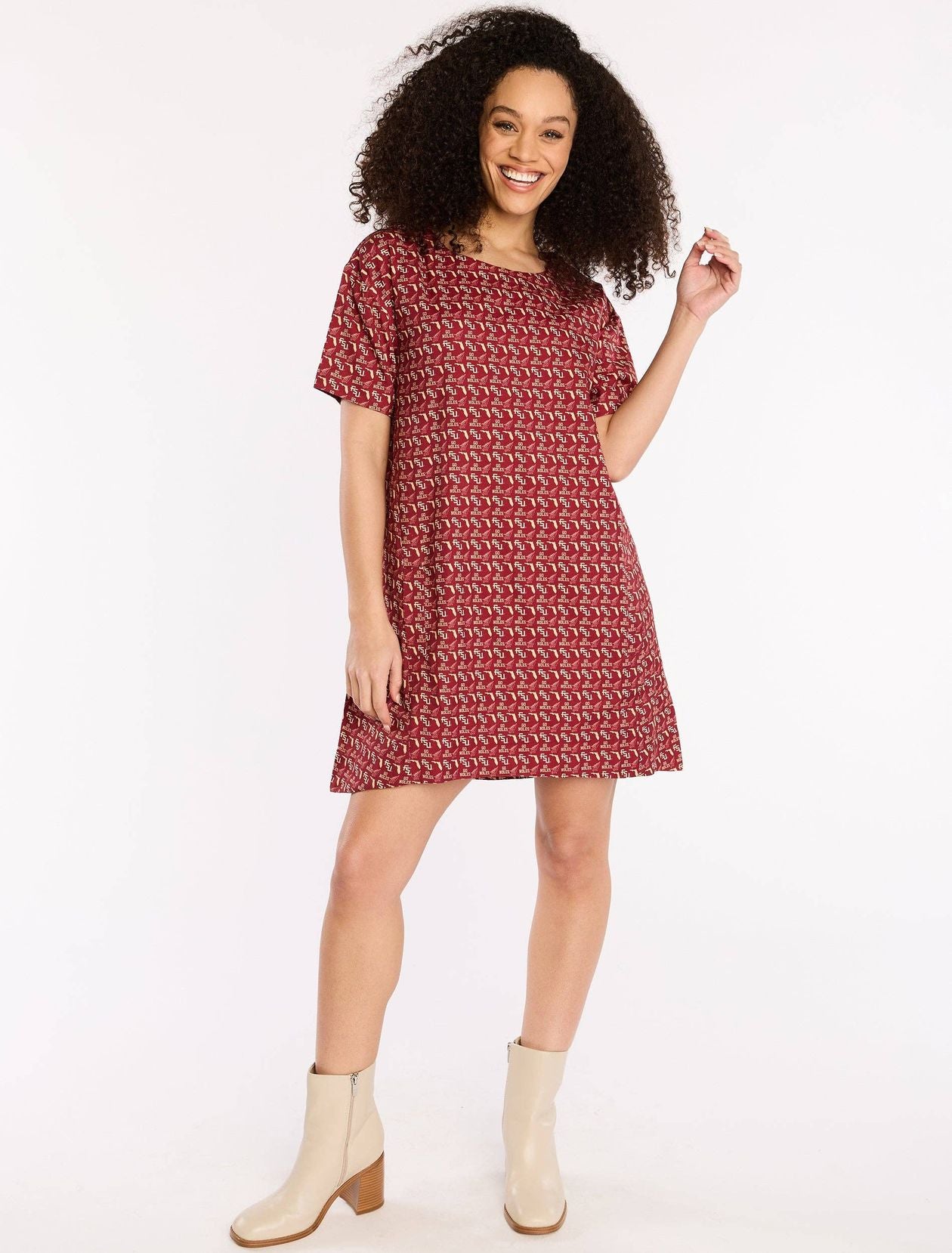 A-line dress with FSU-inspired all-over print featuring “FSU,” “Go Noles,” Florida outline, and spear imagery