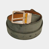 Olive green faux suede belt with polished gold hardware buckle.