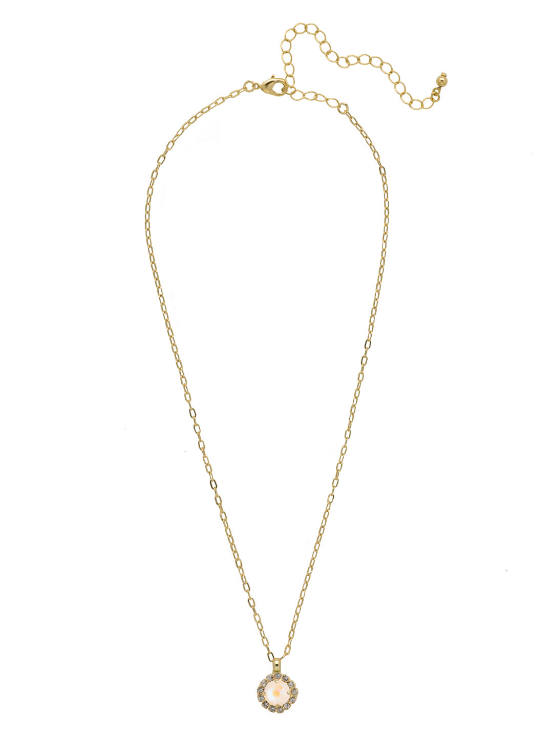Bright gold-tone necklace with round Ultra White crystal framed in a halo setting on an adjustable chain.
