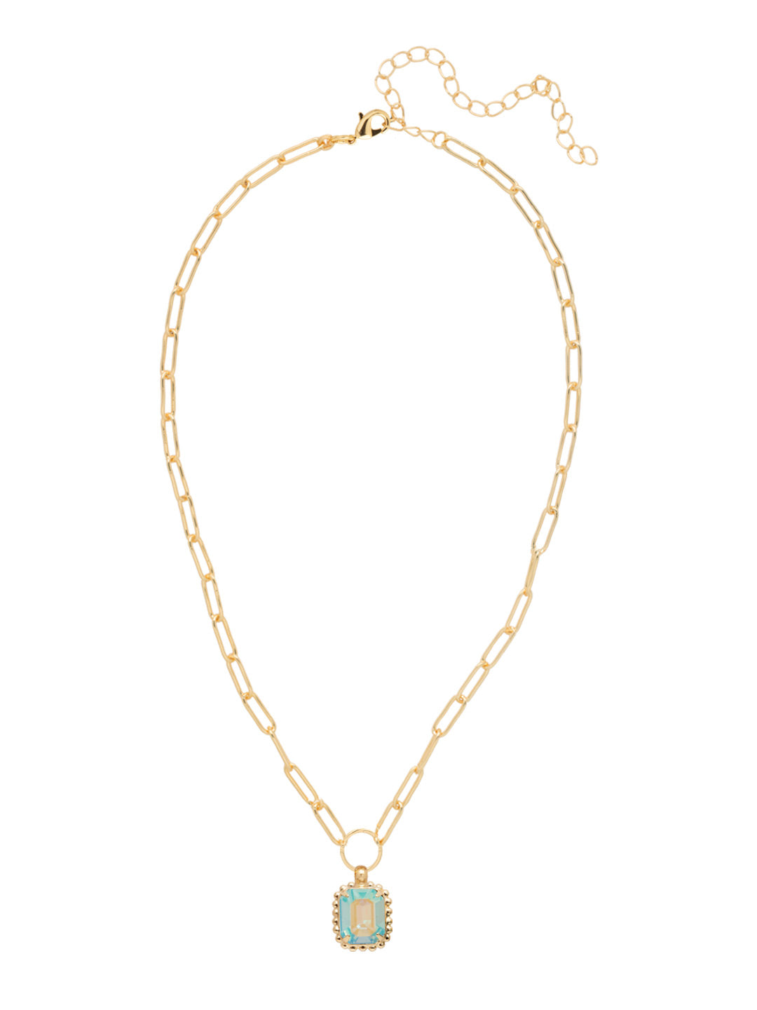 Gold-tone necklace featuring an emerald-cut aquamarine crystal pendant with ball chain halo on a chunky adjustable paperclip chain.