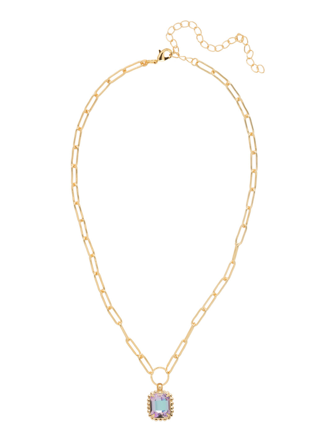 Gold-tone necklace with emerald-cut crystal pendant framed by a ball chain halo on a chunky paperclip chain.