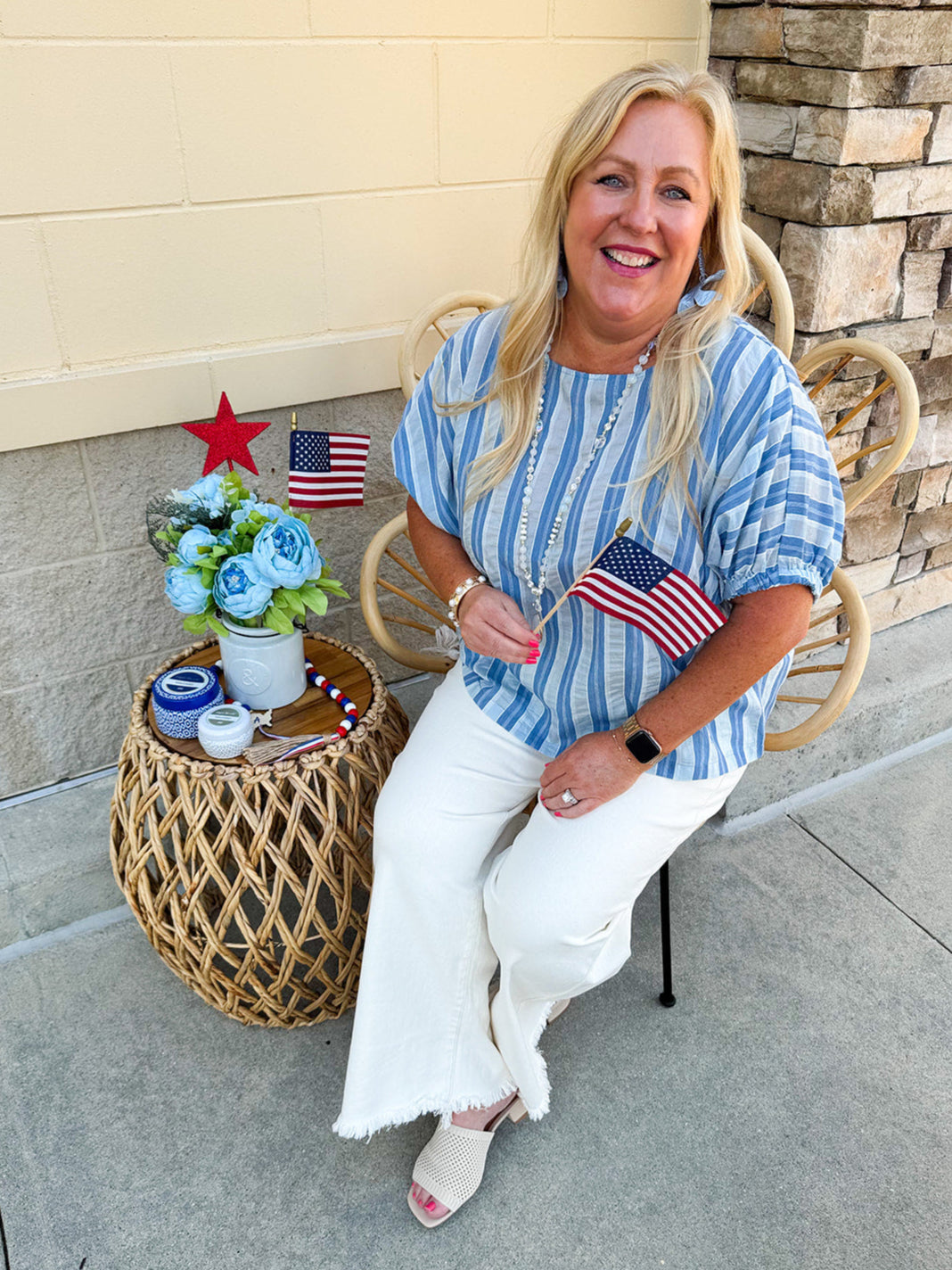 Model wearing the Picnic Chic Round Neck Striped Top featuring dolman sleeves, elastic cuffs, and a slightly boxy silhouette – styled for an effortless summer look perfect for picnics and casual outings