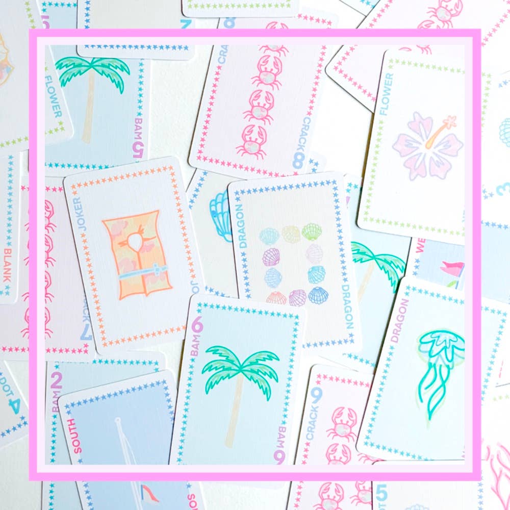Beach-themed American Mahjong card set with palm trees, shells, and crabs—perfect for vacation or casual game night.