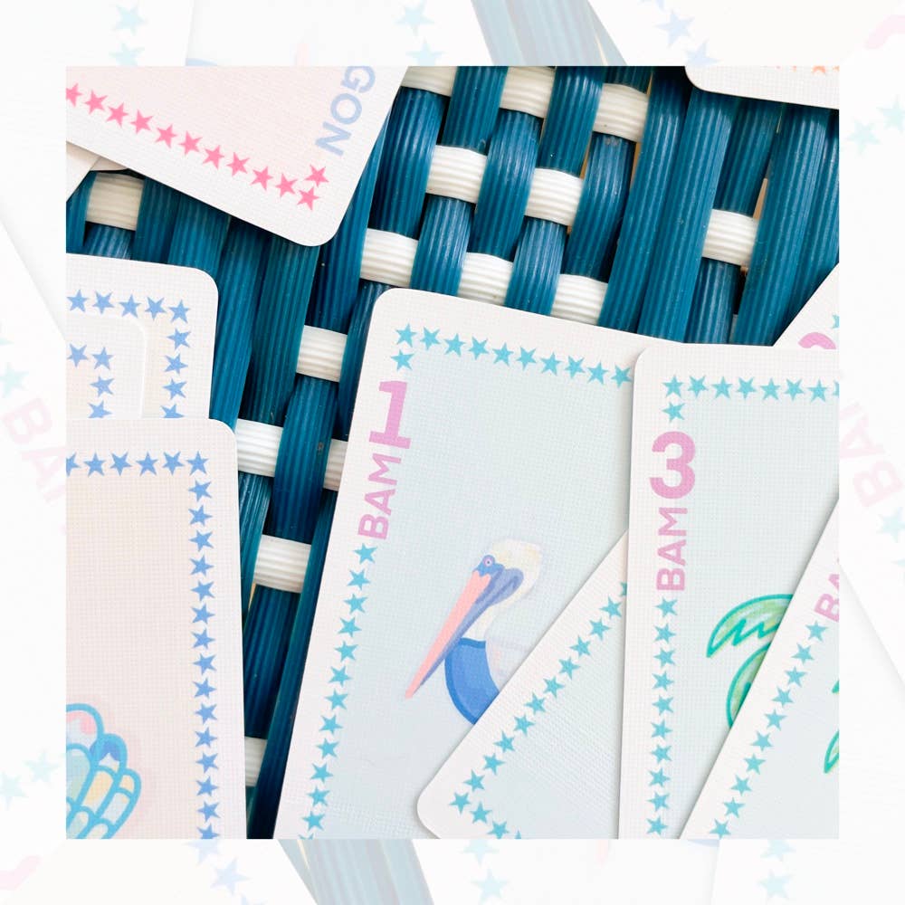 Beach-themed American Mahjong card set with palm trees, shells, and crabs—perfect for vacation or casual game night.