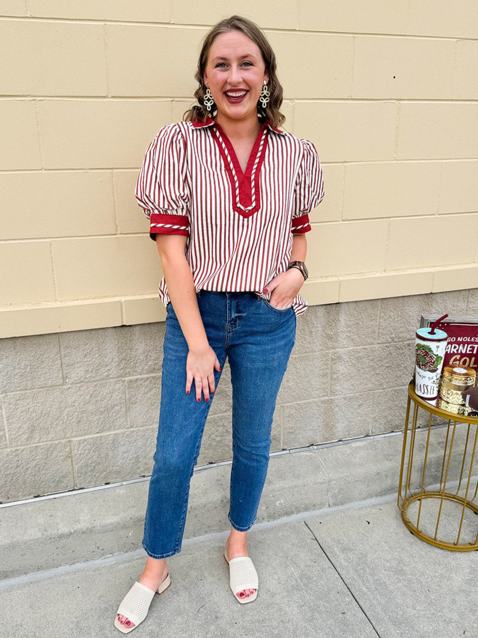 Rust and cream striped pullover top with puff sleeves, contrast rust cuffs and split collar—lightweight and perfect for early fall