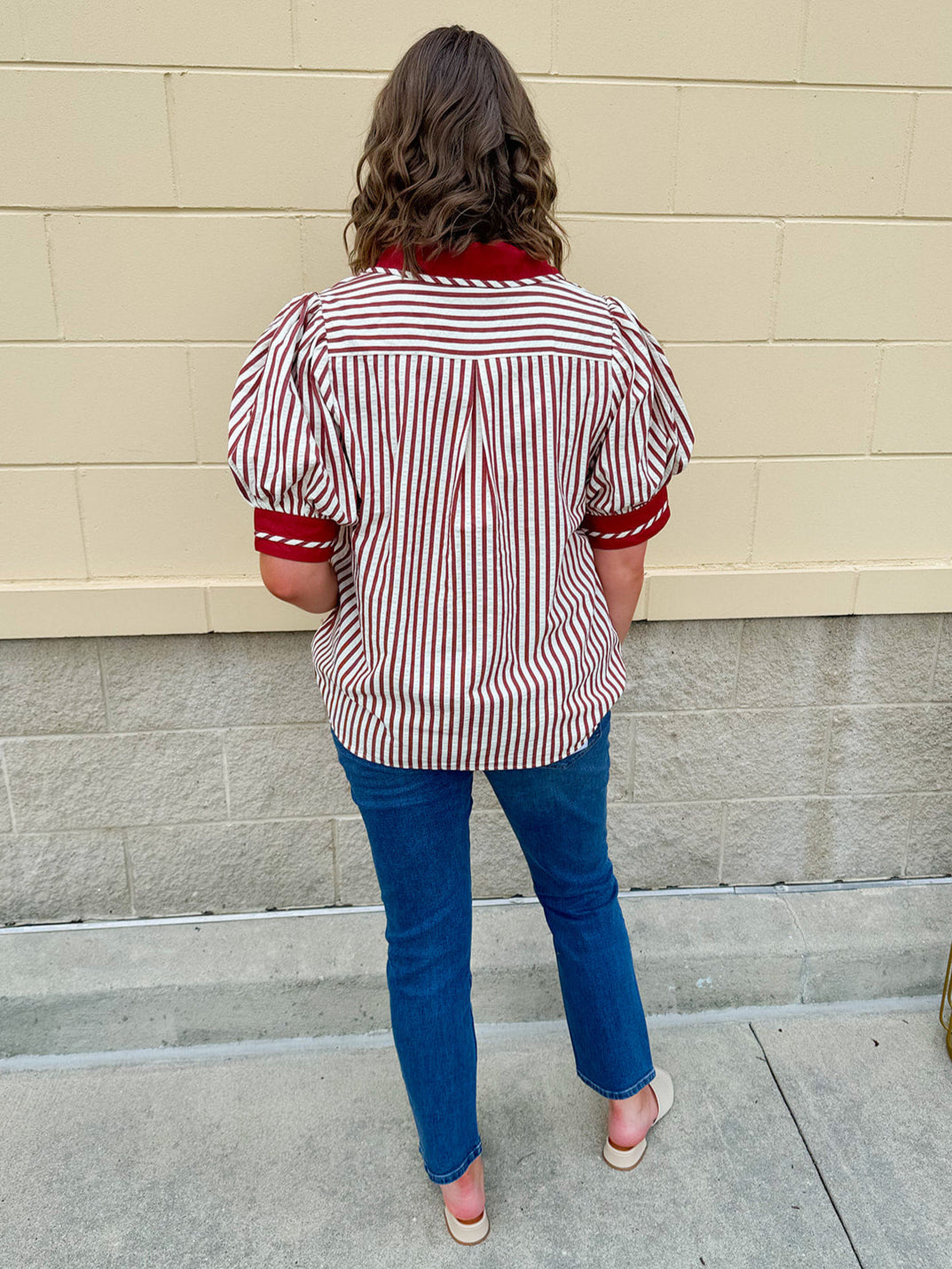 Rust and cream striped pullover top with puff sleeves, contrast rust cuffs and split collar—lightweight and perfect for early fall