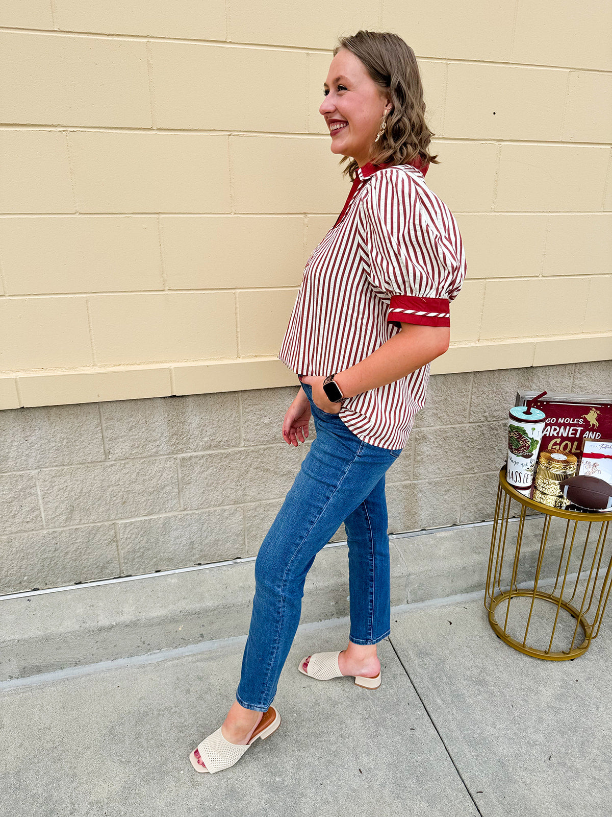Rust and cream striped pullover top with puff sleeves, contrast rust cuffs and split collar—lightweight and perfect for early fall