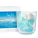 Inis Diffuser Scented Seashells & Seaglass set with glass vessel, seashells, and refresher oil in ocean-inspired packaging.
