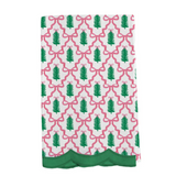 White Christmas tea towel with green trees, pink bows, argyle bow pattern, and green scalloped trim.