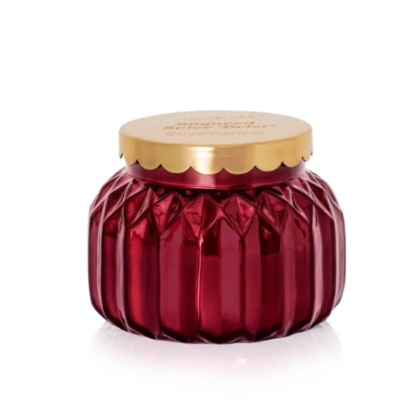 Large deep garnet ornament-style holiday candle with gold lid