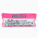 Pink zippered Mahjong bag with embroidered monkeys and clear bottom section