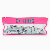 Pink zippered Mahjong bag with embroidered monkeys and clear bottom section