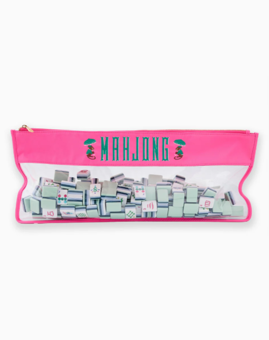 Pink zippered Mahjong bag with embroidered monkeys and clear bottom section
