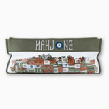 Forest green Mahjong zippered bag with white and brown embroidery and clear bottom section
