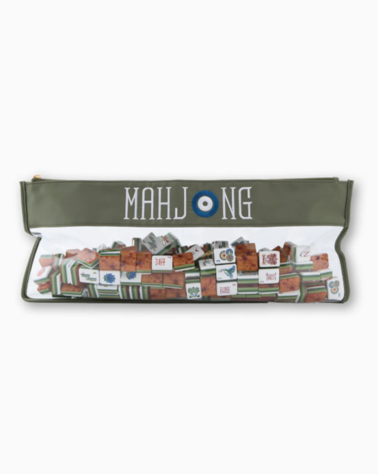 Forest green Mahjong zippered bag with white and brown embroidery and clear bottom section