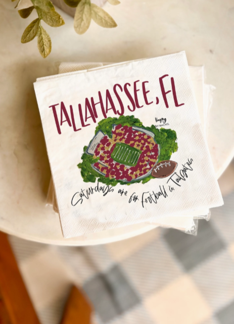 FSU-themed cocktail napkins with hand-drawn Doak Campbell Stadium illustration.