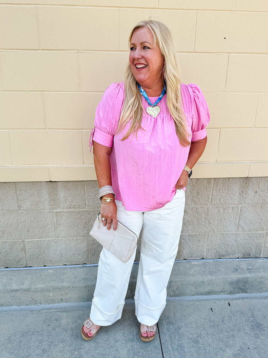 Terrace Blooms Pleated Top in Candy Pink
