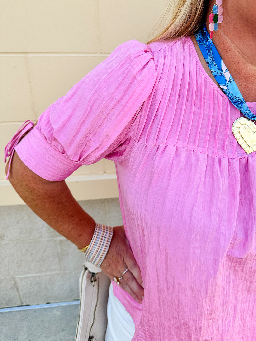 Terrace Blooms Pleated Top in Candy Pink