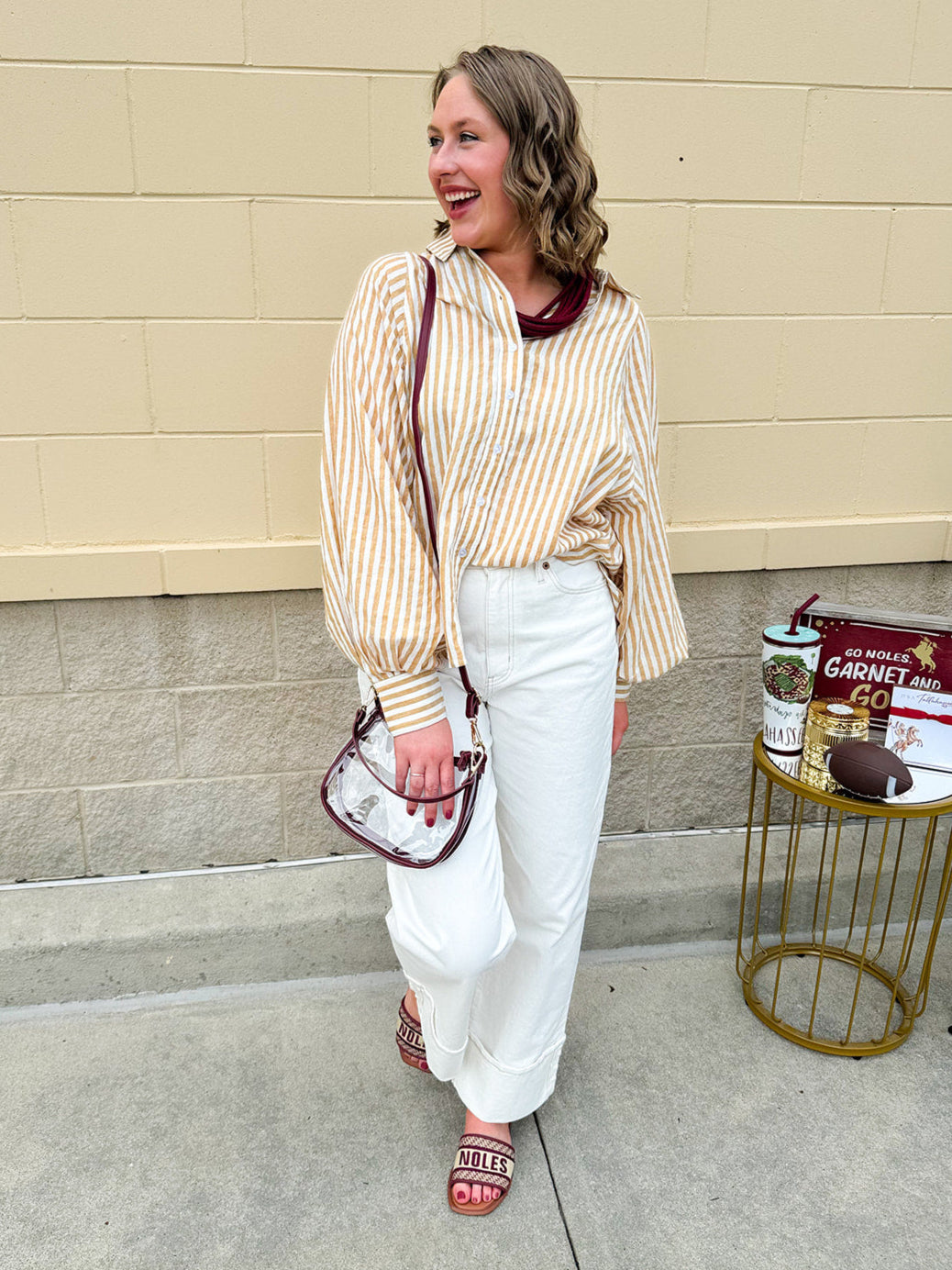 Tan and off-white striped long sleeve button-down shirt with collared neckline and cuffed sleeves—lightweight and perfect for layering