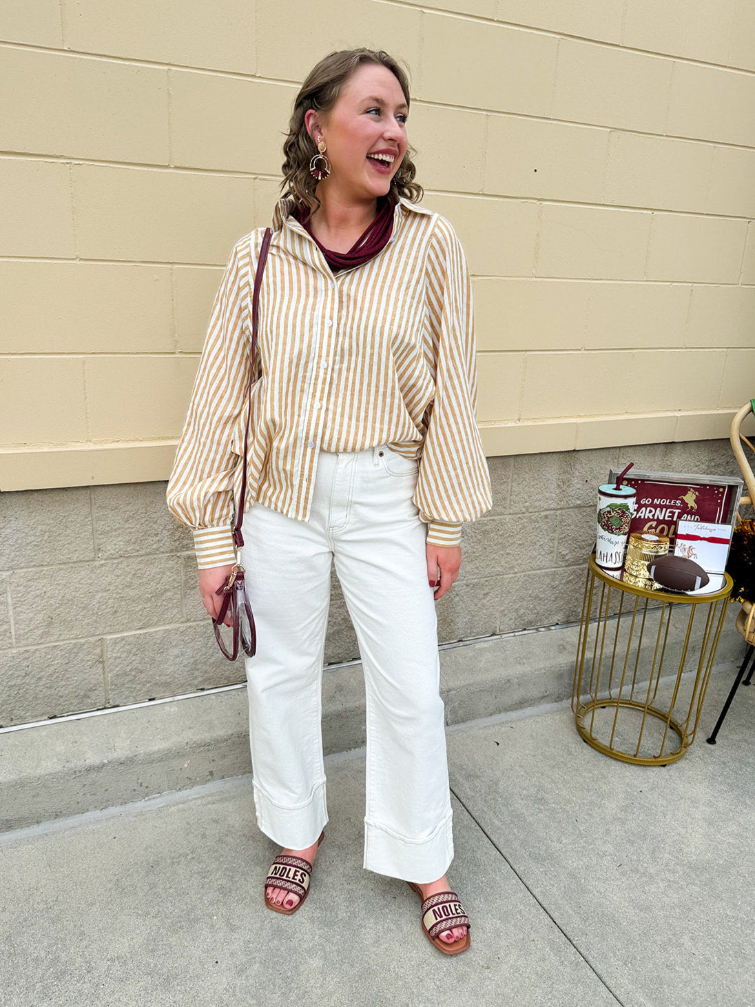 Tan and off-white striped long sleeve button-down shirt with collared neckline and cuffed sleeves—lightweight and perfect for layering