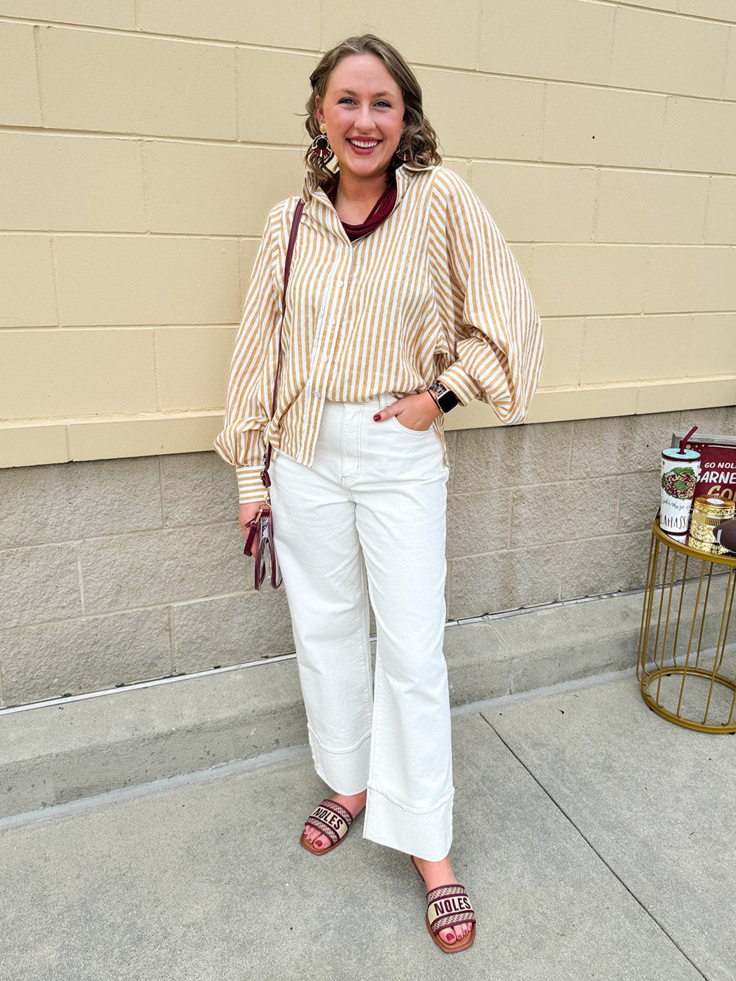 Tan and off-white striped long sleeve button-down shirt with collared neckline and cuffed sleeves—lightweight and perfect for layering